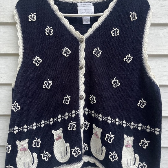 Hand Embroidered Cat Sweater Vest Christopher & Banks XL Butterflies Size XL - m - Picture 1 of 9